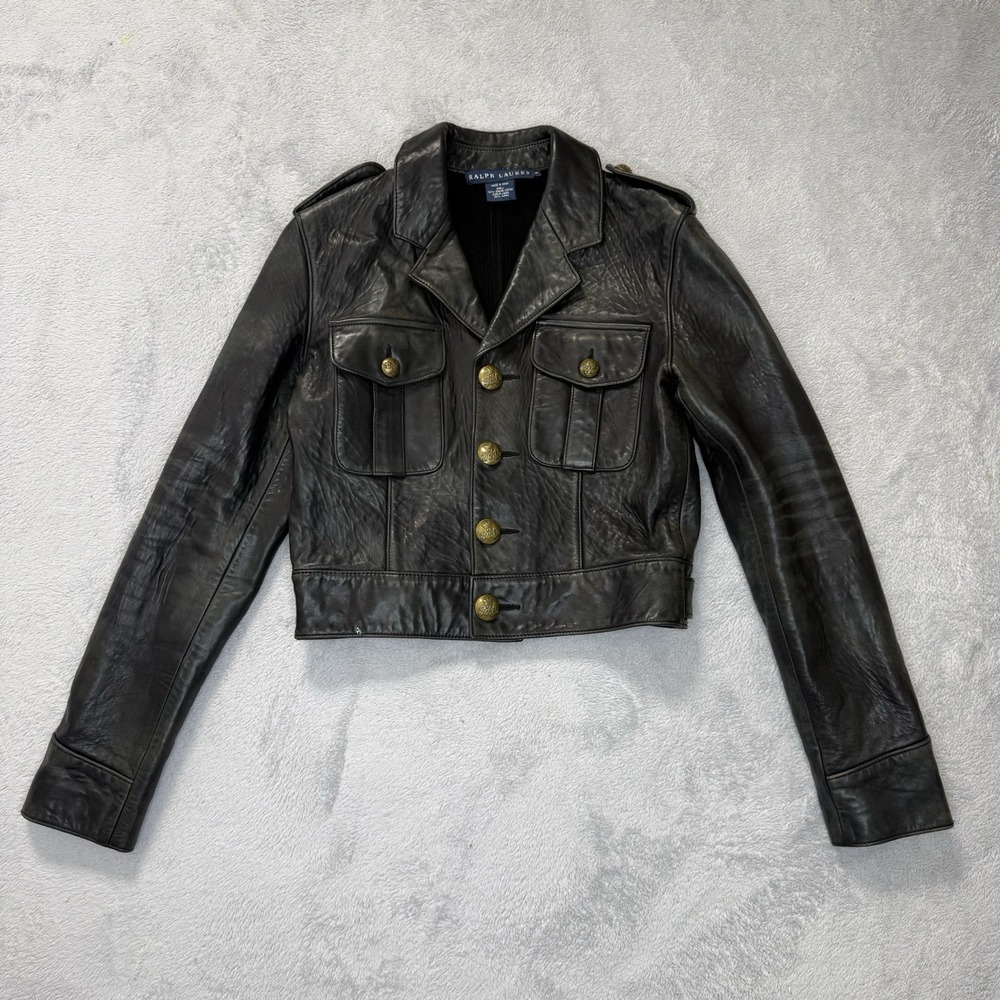 Ralph Lauren Blue Label Womens M Black Leather Cropped Military Jacket Brass